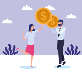 avatar businessman and woman with money coins