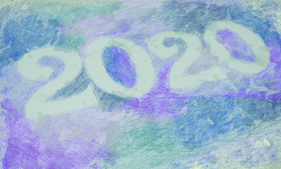 on a bright violet and blue background decorated with crayons with splashes, the numbers twenty twenty are highlighted in white