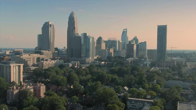 Aerial: downtown Charlotte freeway during daytime.  Charlotte, North Carolina, USA. 
