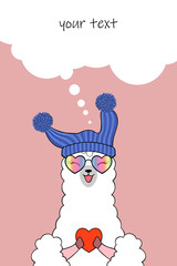 Naklejka premium Cute cartoon llama wearing heart-shaped glasses and knitted hat. Greeting card or invitation template with place for text. Hand drawn illustration
