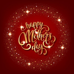 Mothers day greeting card. Handwritten message on red background with golden confetti