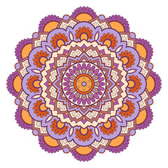Decorative colorful ethnic mandala pattern. Design element for greeting card, banner or poster in oriental style. Hand drawn illustration