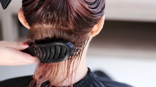 The hairdresser is combing the client's hair. Girl's hair is pink. The girls are in the beauty salon.
