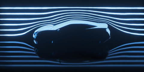 Imaginary sports car, modeled and created using CAD software. Conceptual prototype inside aerodynamic tunnel. - obrazy, fototapety, plakaty