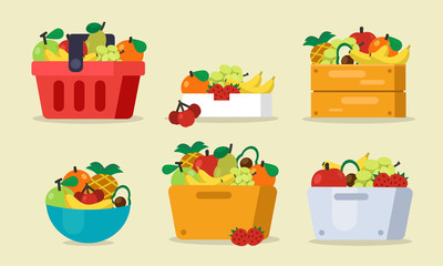 Set of fruits with basket, bag, wood box, cast vector illustration