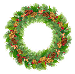 Fototapeta na wymiar Christmas wreath of realistic Christmas tree brancheswith cones, acorns, holly, red berries. festive design. Eps 10