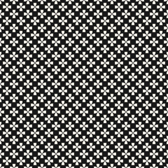 Simple floral seamless texture. Black and white geometric pattern with tiny flower silhouettes. Vector abstract monochrome background. Minimal repeat design for decor, wallpaper, fabric, covering