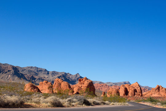 Scenic drive through the "Seven Sisters" rock formation at Valley of Fire State Park in Nevada