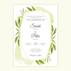Watercolor green leaf wedding invitation card template