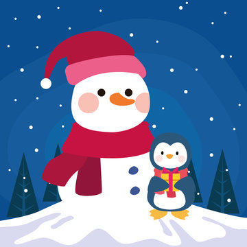snowman and cute penguin with gift box, flat design