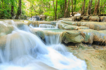 Naklejka premium Waterfalls In Deep Forest at Erawan Waterfall in National Park Kanchanaburi Thailand