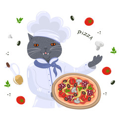 Cat cook with mushroom pizza Isolated on a white background. Vector graphics.