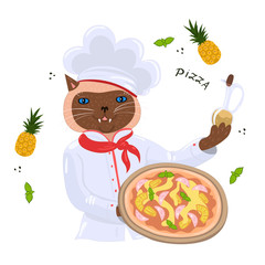 Chef cat with hawaiian pizza isolated on white background. Vector graphics.