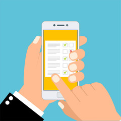 Hand holds tablet and finger touch screen. Feedback business concept. Cartoon flat vector illustration. Minimalistic design for web site, mobile app