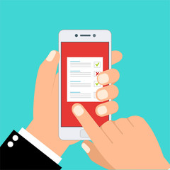 Hand holds tablet and finger touch screen. Feedback business concept. Cartoon flat vector illustration. Minimalistic design for web site, mobile app