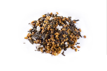 A group of Genmaicha, brown rice tea, on white background