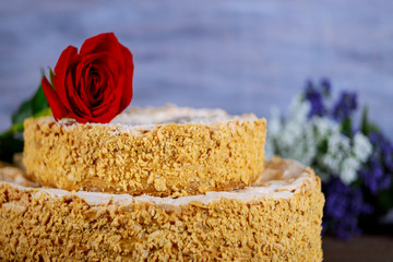 Homemade cake with crushed nuts and flowers on background