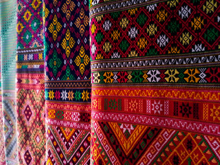 Thai silk fabric - Handmade woven fabrics of Thai silk textiles with traditional decoration...
