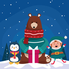cartoon christmas animals and elf with gift box