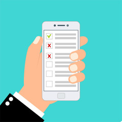 Online survey. Internet surveying, hands holding tablet with test form. Mobile questionnaire, customers voting template with flat design style for smartphones, PC or tablets. Clean and modern