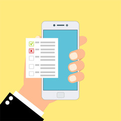 Checklist on smartphone screen. One hand holds smartphone and finger touch screen. Flat vector illustration.