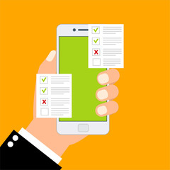Checklist on smartphone screen. One hand holds smartphone and finger touch screen. Flat vector illustration.