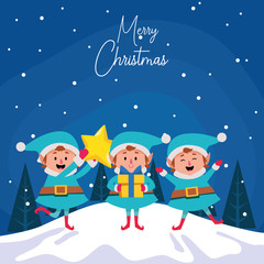 Naklejka premium happy cartoon christmas elfs with star and gift box