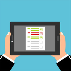 Online form survey, Survey Suggestion Opinion Feedback, survey, checklist. Hand holds tablet and finger touch screen. Cartoon flat vector illustration. Minimalistic design for web site, mobile app