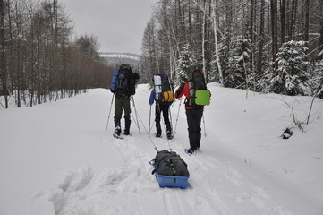 Fototapeta na wymiar Winter trip in the mountain taiga in snowshoes.