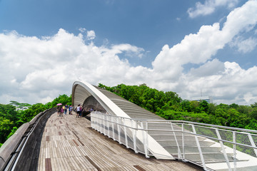 Amazing bridge imitating a wave in Singapore. Wooden walkway
