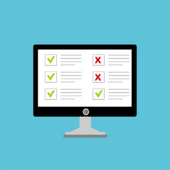 Laptop and checkboxes with check mark. Checklist, white tick on laptop screen. Choice, survey concepts. Modern flat design graphic elements for web banners, websites, infographics. Vector illustration