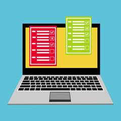 Online survey, form, checklist on computer screen. Vector illustration. Flat design. Questionnaire, online form concepts. Can be used for workflow layout template, banner, marketing, infographics.