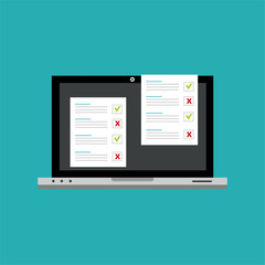 Checkboxes on laptop screen. Checkboxes and checkmark. Modern concept for web banners, web sites, infographics. Creative flat design vector illustration