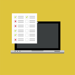 Checkboxes on laptop screen. Checkboxes and checkmark. Modern concept for web banners, web sites, infographics. Creative flat design vector illustration