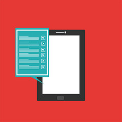 monitor display showing quiz exam paper sheet document, voting on internet, web learning. easy to use and highly customizable. Modern vector illustration concept, isolated on colored background.