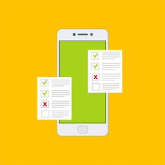 Checklist on smartphone screen. One hand holds smartphone and finger touch screen. Flat vector illustration.Can be used for workflow layout template, banner, marketing, infographics.