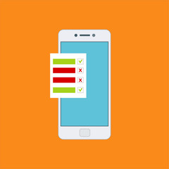 Checklist on smartphone screen. One hand holds smartphone and finger touch screen. Flat vector illustration.Can be used for workflow layout template, banner, marketing, infographics.