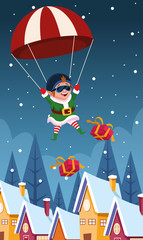 Fototapeta na wymiar parachute with santas helper and gift boxes falling over houses and winter night background