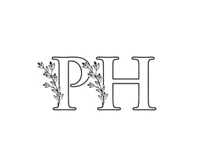 Letter P, H and PH Vintage Floral Logo Icon, Hand Drawn Flower Design.