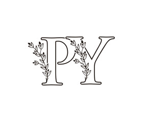 Letter P, Y and PY Vintage Floral Logo Icon, Hand Drawn Flower Design.
