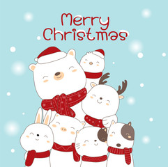merry christmas happy new year cartoon hand drawn style.vector illustration