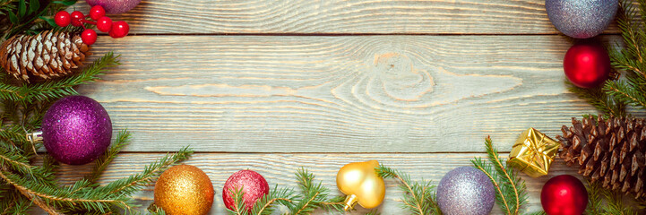 Christmas tree with decoration on a wooden Board. Christmas toy. New year. Free space for text.