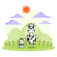 Cute cow cartoon and milk bucket in farm on white background. Concept of Let's drink milk. vector illustration flat design.