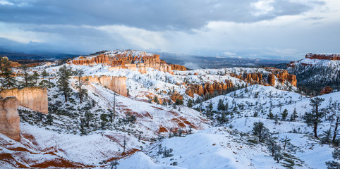 Panoramic view of Bryce Canyon National Park after snow storm in southern Utah.