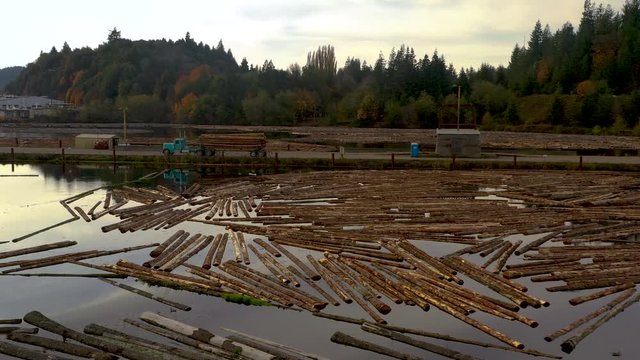 Log boom in Oregon, drone flies close to water