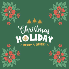 Greeting card template of christmas holiday, with orange floral frame blooms. Vector
