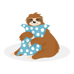Hand drawn vector sitting cute sloth hug blue pillow with white dots. Scandinaian illustration of little animals in cartoons style isolated on white background. Kawaii lazy sloth sleeping on cushion