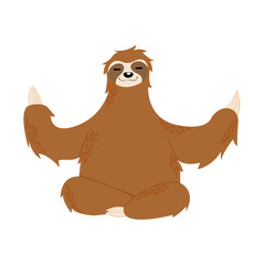 Cute sloth sitting in yoga pose isolated on white background. Meditation little sloth in scandinavian style. Childish cartoon animal vector illustration.
