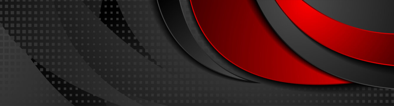 Red and black abstract waves corporate banner design with square dots. Vector tech background