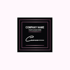 CM Initial signature logo is white, with a dark pink grid gradation line. with a black square background